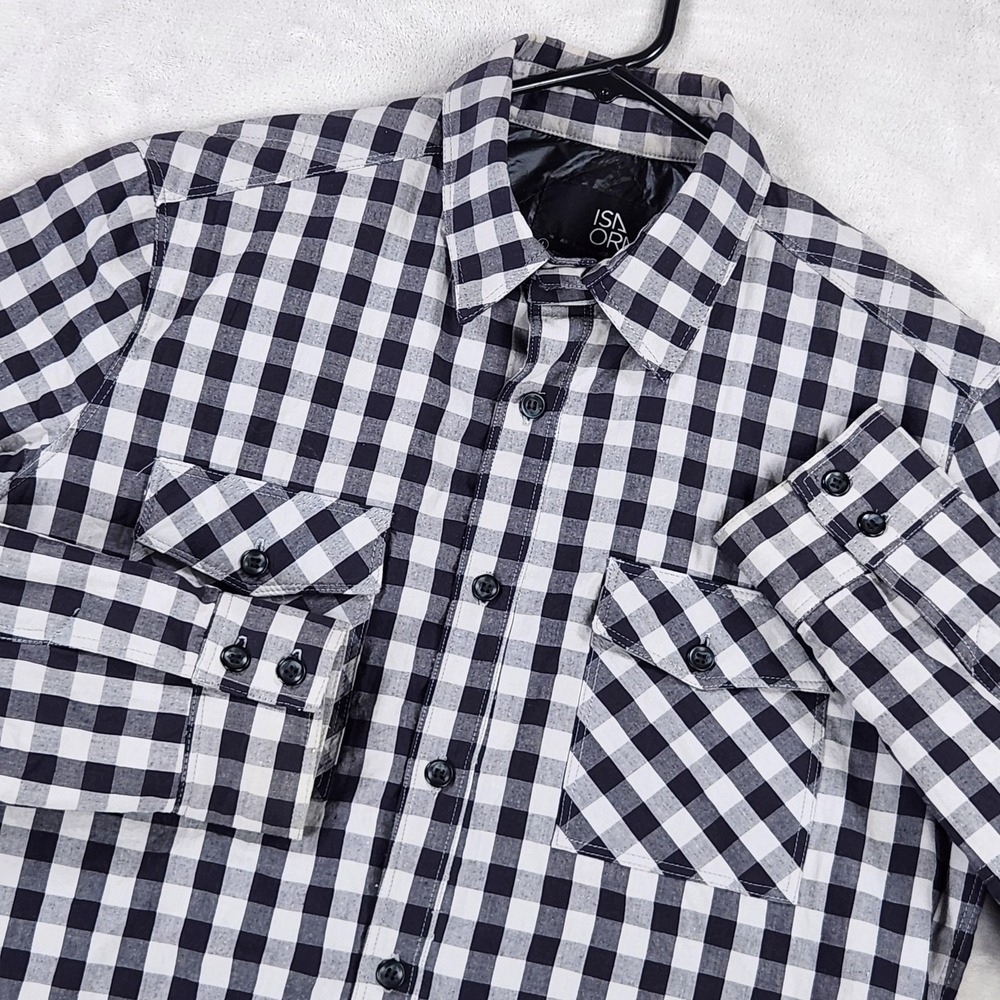 Isaora Jacket Mens Large Black White Check Quilted Cotton Lined Button USA